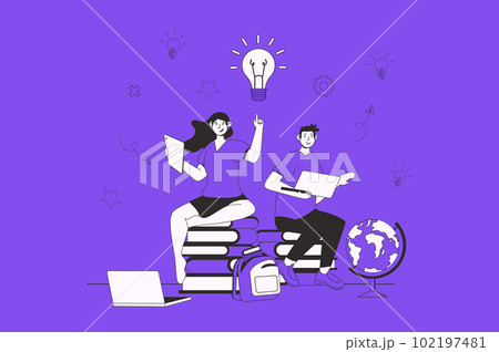 Knowledge web concept with character scene in flat design. People reading different books for improving skills and preparing to graduates exam. Vector illustration for social media marketing material. Knowledge web concept with character scene in flat design. People reading different books for improving skills and preparing to graduates exam. Vector illustration for social media marketing material. 102197481