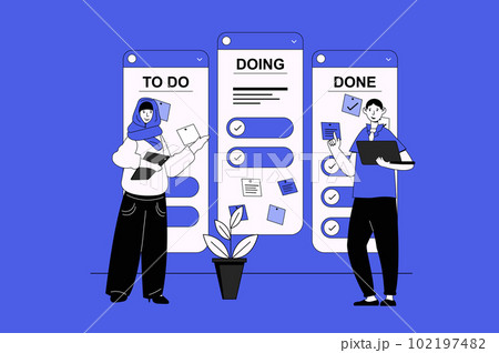 Kanban web concept with character scene in flat design. People using cards with tasks on board for visualizing workflow and works on project. Vector illustration for social media marketing material. Kanban web concept with character scene in flat design. People using cards with tasks on board for visualizing workflow and works on project. Vector illustration for social media marketing material. 102197482