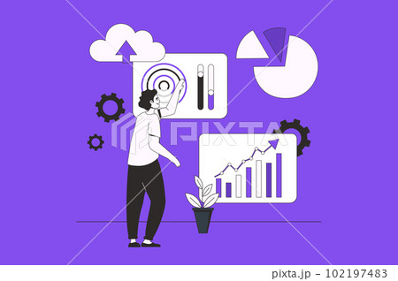 IOT analytics web concept with character scene in flat design. People processing data collected from different IOT devices using cloud tech. Vector illustration for social media marketing material. 102197483