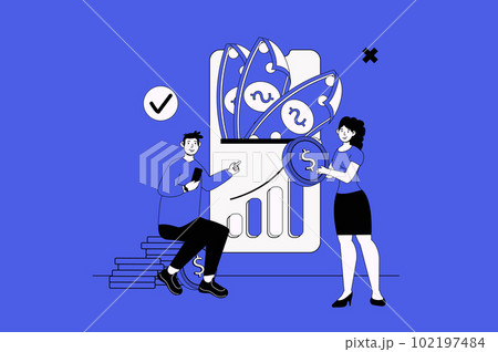 Investing via mobile phone web concept with character scene in flat design. People analyzing trend market for making investments using app. Vector illustration for social media marketing material. Investing via mobile phone web concept with character scene in flat design. People analyzing trend market for making investments using app. Vector illustration for social media marketing material. 102197484