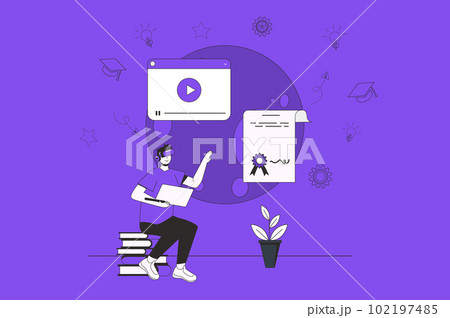 Immersive learning web concept with character scene in flat design. People wearing in VR headset to interacting with virtual reality for study. Vector illustration for social media marketing material. Immersive learning web concept with character scene in flat design. People wearing in VR headset to interacting with virtual reality for study. Vector illustration for social media marketing material. 102197485