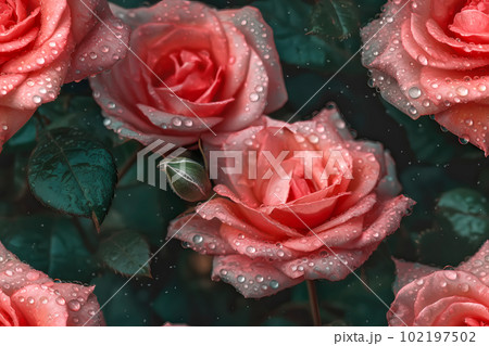 Floral pink roses seamless pattern. Template for fabrics, textiles, paper, wallpaper, interior decoration. Generative AI illustration 102197502