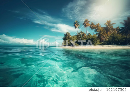 Beautiful tropical island in turquoise ocean. Generative AI illustration 102197503
