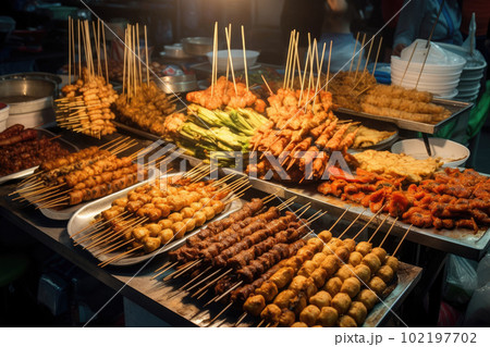 Asian street food. Traditional oriental dishes at street market. Generative AI 102197702