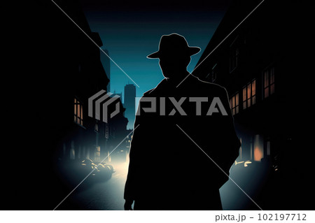 Silhouette of man in old fashioned hat and coat at night street. Generative AI 102197712