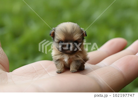 Small dog sitting on owner palm. Generative AI 102197747