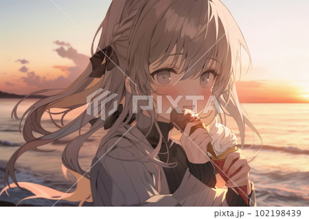 海でアイスクリームを食べる女の子 海でアイスクリームを食べる女の子 102198439