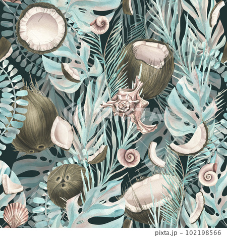 Tropical turquoise leaves with different shapes and pieces of coconut. Watercolor illustration. Seamless pattern from the COCONUT collection. For fabric, textiles, wallpaper, packaging, menus recipes. 102198566