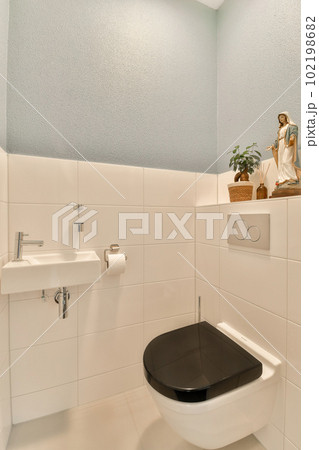 a bathroom with a toilet, sink and plant on the shelf over the toilet bowl in the wall is white a bathroom with a toilet, sink and plant on the shelf over the toilet bowl in the wall is white 102198682