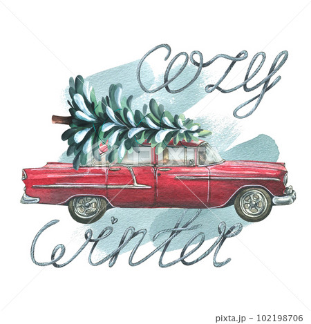 Red retro car with a Christmas tree on the roof and the inscription cozy winter. Watercolor illustration, hand drawn. Isolated composition on a white background. For new year, christmas, winter. 102198706