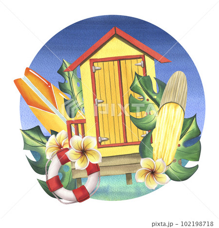 Beach cabin yellow with surfboards, tropical leaves and flowers with a lifebuoy. Watercolor illustration, hand drawn. Summer, beach, isolated composition on a white background. 102198718