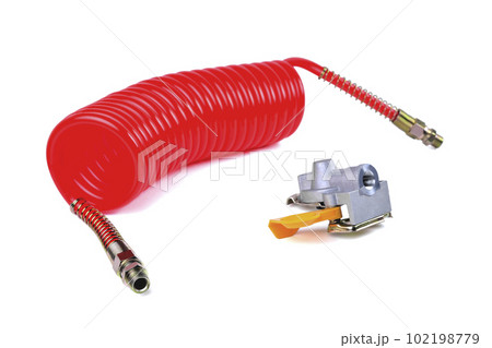 pneumatic hose and connecting head of a PALM truck for supplying compressed air from the tractor to the trailer white background 102198779
