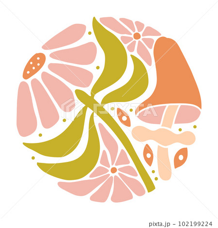Trendy groovy mod tee print with flower san mushroom in trendy nostalgic 60s 70s style. Psychedelic isolated concept, Vintage style Hand drawn flat vector illustration. 102199224