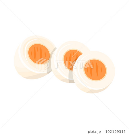 Cartoon Color Sliced Boiled Chicken Eggs Protein Product Concept Flat Design Style . Vector illustration of Cutting White and Yolk 102199313