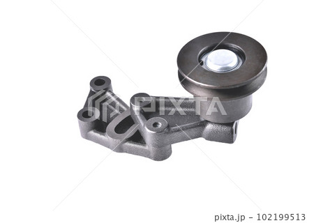 pump drive belt tensioner for car engine cooling system, engine pump drive belt tensioner roller, auto engine cooling system detail, car repair, truck engine detail, close-up pump drive belt tensioner for car engine cooling system, engine pump drive belt tensioner roller, auto engine cooling system detail, car repair, truck engine detail, close-up 102199513