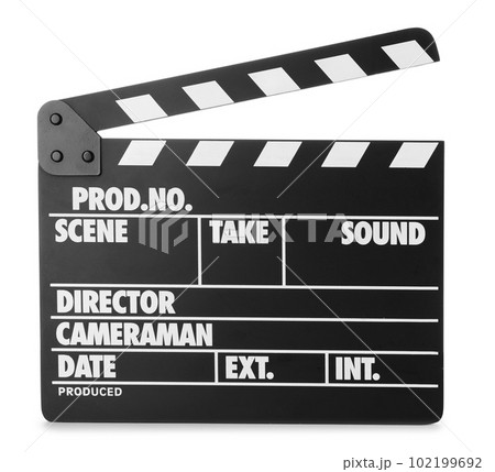 Clapper board isolated on white. Cinema production 102199692