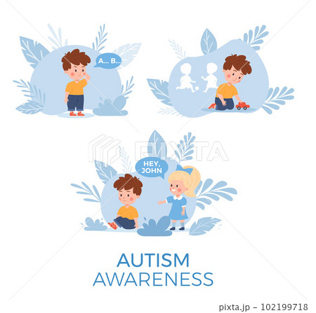 Autism awareness concept, boy with symptoms of autism spectrum disorder - flat vector illustration isolated on white. 102199718