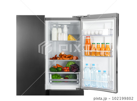Open refrigerator filled with products isolated on white Open refrigerator filled with products isolated on white 102199802