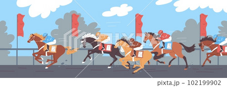 Horse racing scenery with jockeys on horses, flat vector illustration. 102199902