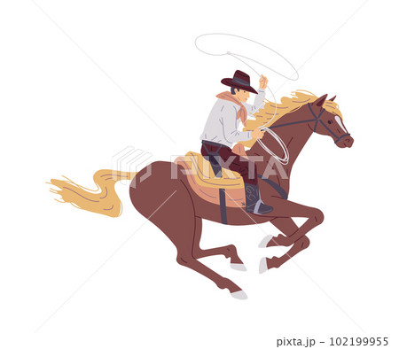 Cowboy with lasso gallops on horse flat vector illustration isolated on white. Cowboy with lasso gallops on horse flat vector illustration isolated on white. 102199955