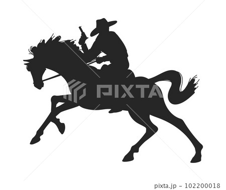 Dangerous cowboy on horse with gun, black silhouette flat vector illustration isolated on white background. 102200018