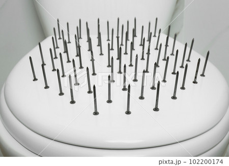 Toilet bowl with nails near marble wall, closeup. Hemorrhoids concept Toilet bowl with nails near marble wall, closeup. Hemorrhoids concept 102200174
