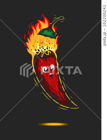 Red chili pepper character with fire explosion. Burning spicy mexican ingredient. Red chili pepper character with fire explosion. Burning spicy mexican ingredient. 102200241