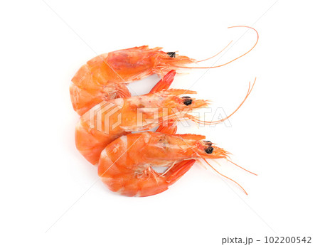 Delicious cooked shrimps isolated on white, top view Delicious cooked shrimps isolated on white, top view 102200542