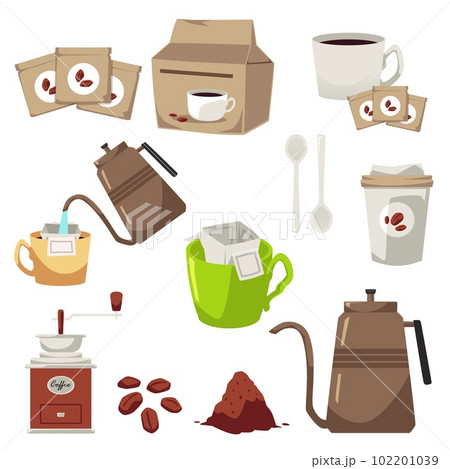 Drip coffee and brewing process icons set of flat vector illustration isolated. Drip coffee and brewing process icons set of flat vector illustration isolated. 102201039