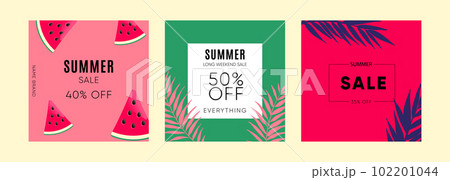 Summer sale square templates with watermelon and palm leaves. Summer sale square templates with watermelon and palm leaves. 102201044