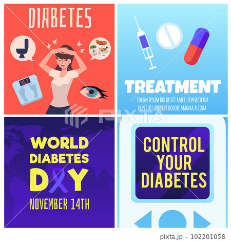 Diabetes awareness posters set, flat vector illustration. 102201058