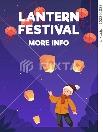 Little boy releasing air lanterns, holiday advertising poster, flat vector illustration. 102201082