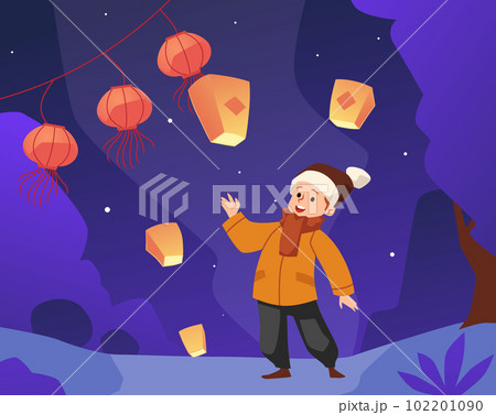 Happy little boy releasing lanterns in winter, flat vector illustration. Happy little boy releasing lanterns in winter, flat vector illustration. 102201090