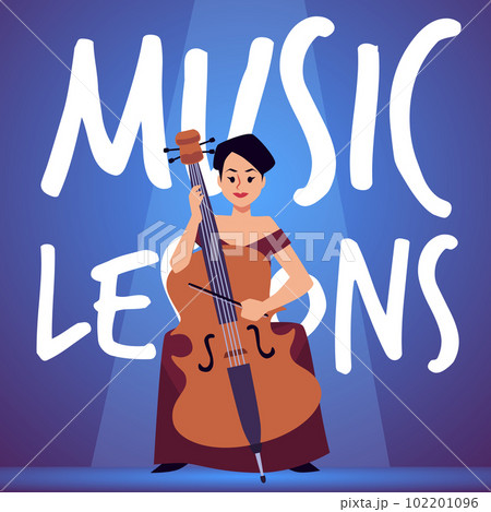 Music lessons banner with man playing cello instrument, vector illustration. Music lessons banner with man playing cello instrument, vector illustration. 102201096