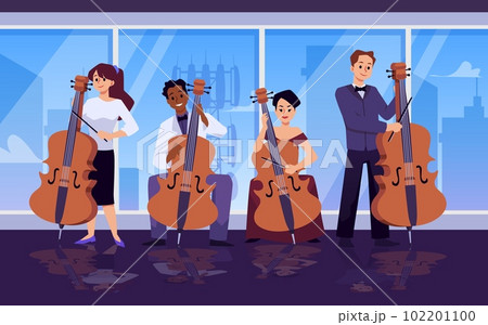 Music band playing cello instrument, flat vector illustration. Music band playing cello instrument, flat vector illustration. 102201100