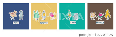 Waste sorting classification in Spanish. Translation - paper, plastic, glass, organic. Cute kawaii trash characters. Vector illustrations for design, stickers, etc. 102201175