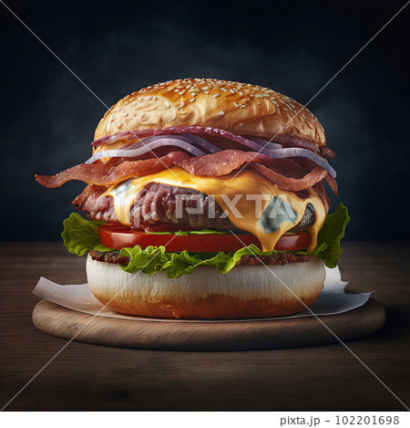 Perfect bacon cheese burger with beef, tomato, onion and fresh lettuce leaves, dark background, close up. Hamburger menu design. Generative AI 102201698