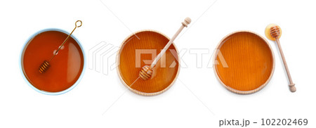 Set of organic delicious honey on white background, top view Set of organic delicious honey on white background, top view 102202469