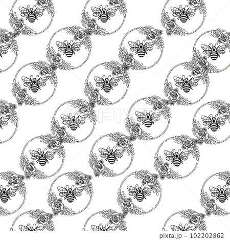 Pattern with bee. Bee with floral frame. Pattern for textile design. Cut file. Floral wreath. Bee happy. Illustration with bee. Vector illustration. 102202862
