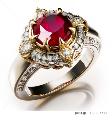 Gold silver ring with ruby and diamonds isolated on white background, generative AI 102203356