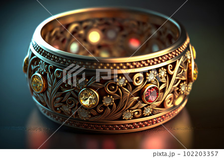 Gold ring with gemstones and small diamonds on dark background, generative AI. 102203357