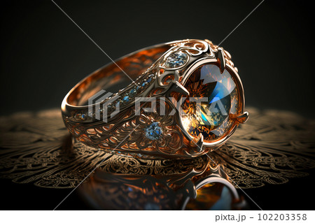 Gold ring with big and small diamonds on dark background, generative AI 102203358