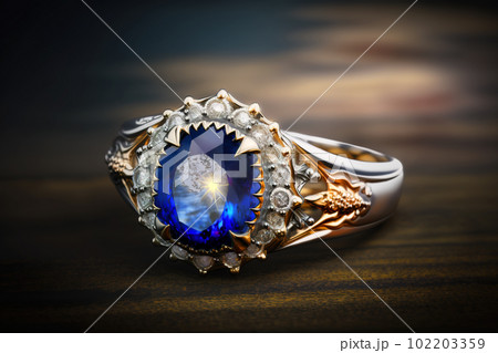 Gold ring with big sapphire and small diamonds on dark background, generative AI 102203359