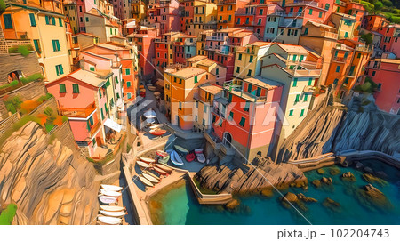 Beautiful view of the small town of Manarola on the Mediterranean coast, Italy Beautiful view of the small town of Manarola on the Mediterranean coast, Italy 102204743