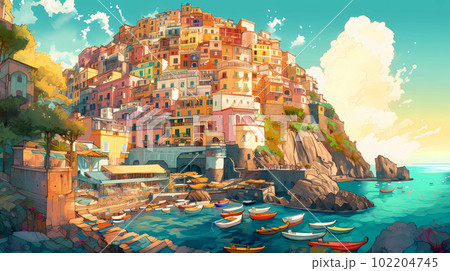 Beautiful view of the small town of Manarola on the Mediterranean coast, Italy 102204745