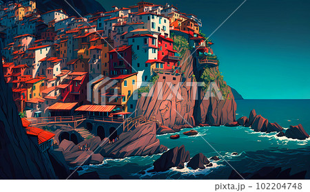 Beautiful view of the small town of Manarola on the Mediterranean coast, Italy Beautiful view of the small town of Manarola on the Mediterranean coast, Italy 102204748