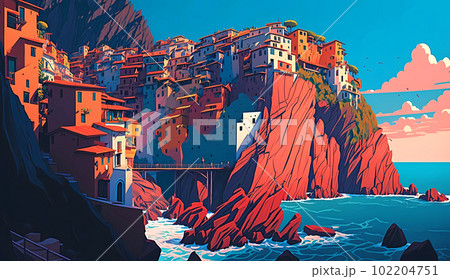 Beautiful view of the small town of Manarola on the Mediterranean coast, Italy 102204751