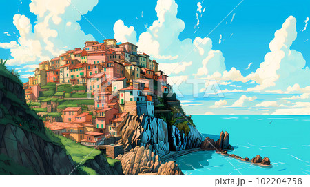 Beautiful view of the small town of Manarola on the Mediterranean coast, Italy 102204758