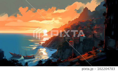 Beautiful view of the small town of Manarola on the Mediterranean coast, Italy Beautiful view of the small town of Manarola on the Mediterranean coast, Italy 102204783