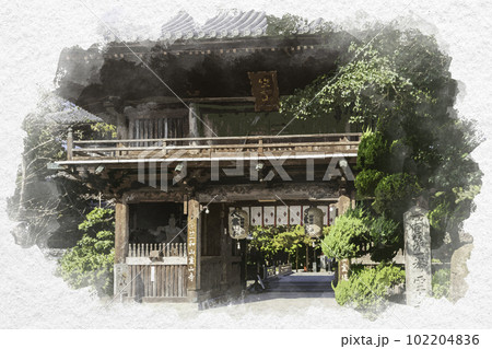 水彩画風　四国八十八箇所1番　霊山寺　仁王門　徳島県鳴門市 102204836
